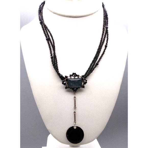 Vintage Whimsigoth Lavalier Pendant Necklace, Triple Strand Black Seed Beads - Picture 1 of 4